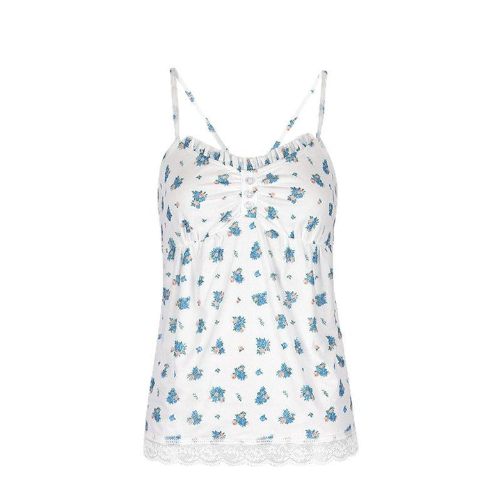 Damen Spaghetti-Träger Bluse mit floralem Muster und Spitzenbesatz Drune