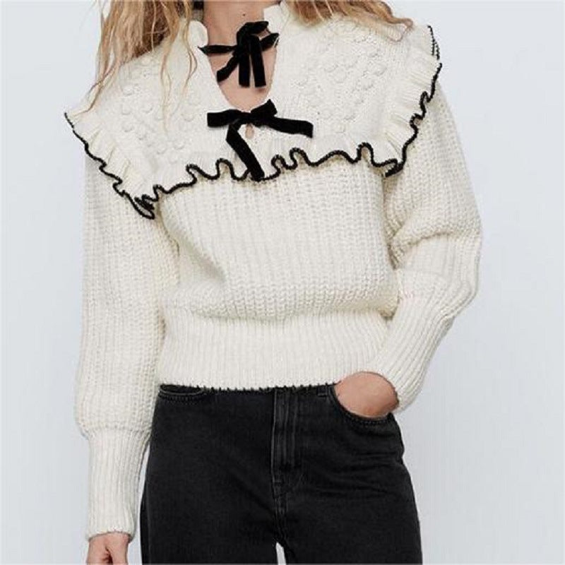 Damen Strickpullover mit Rüschenkragen und dekorativen Schleifen Drune