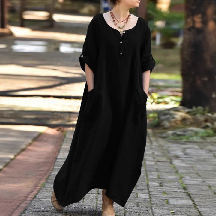 Damen längeres Kleid mit Knopfdetail und praktischen Taschen Drune