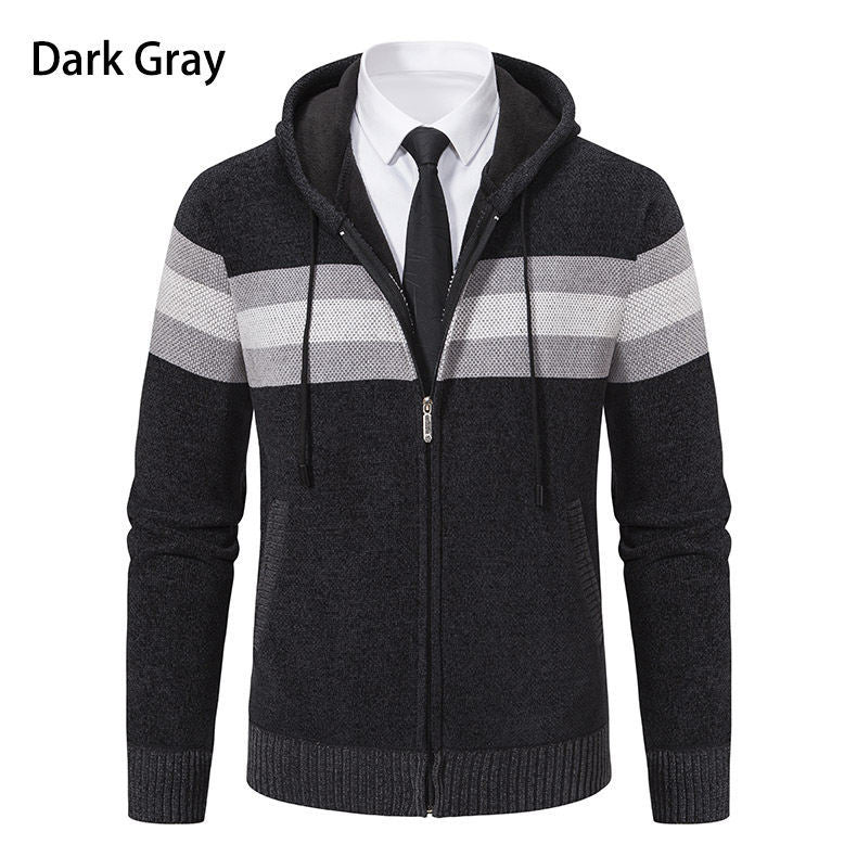Herren Kapuzen-Strickjacke mit durchgehendem Reißverschluss, Kontraststreifen und Eingrifftaschen Drune