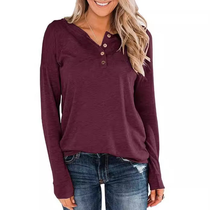 Damen modisches Langarm-Henley-Shirt mit Knopfleiste Drune