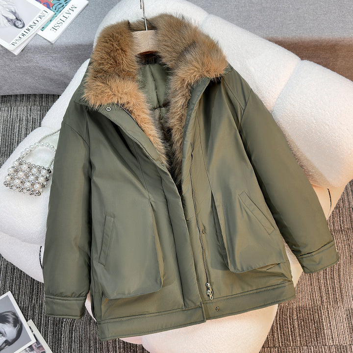 Damen nan mittellanger winddichter Winterparka mit abnehmbarem Kunstfellkragen, wattierter Innenblende und asymmetrischem Saum Drune