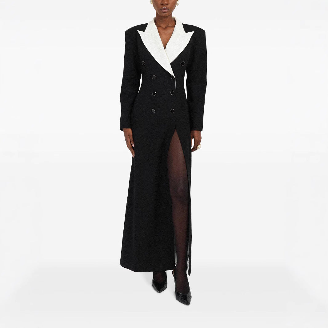 Damen Doppelreihiges Longblazer-Kleid mit taillierter Silhouette und Kontrastrevers Drune
