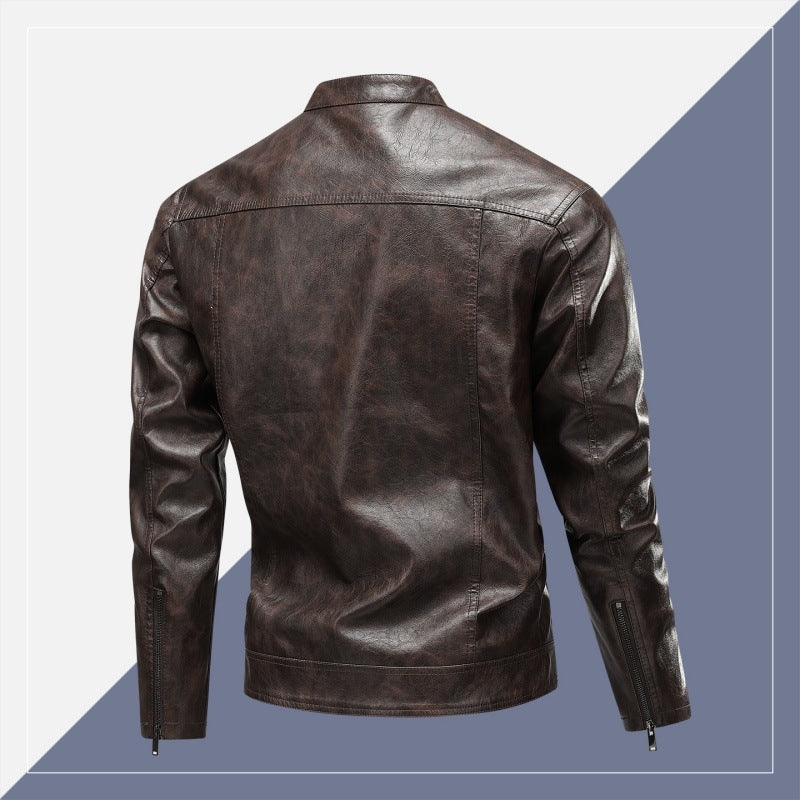 Herren Kunstleder-Bikerjacke mit Stehkragen, diagonalem Brustzipper & schmaler Silhouette Drune