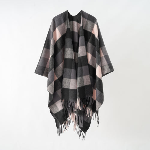 Damen Oversize-Wrapponcho aus Wollmix mit grafischem Rautenmuster und Fransensaum Drune