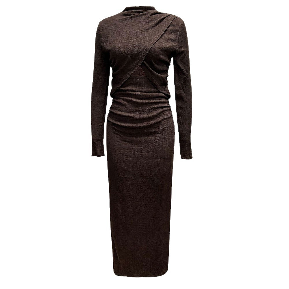 Damen geripptes Maxikleid mit gedrehtem Vorderteil Cut-Out taillierter Raffung und hohem Seitenschlitz Drune