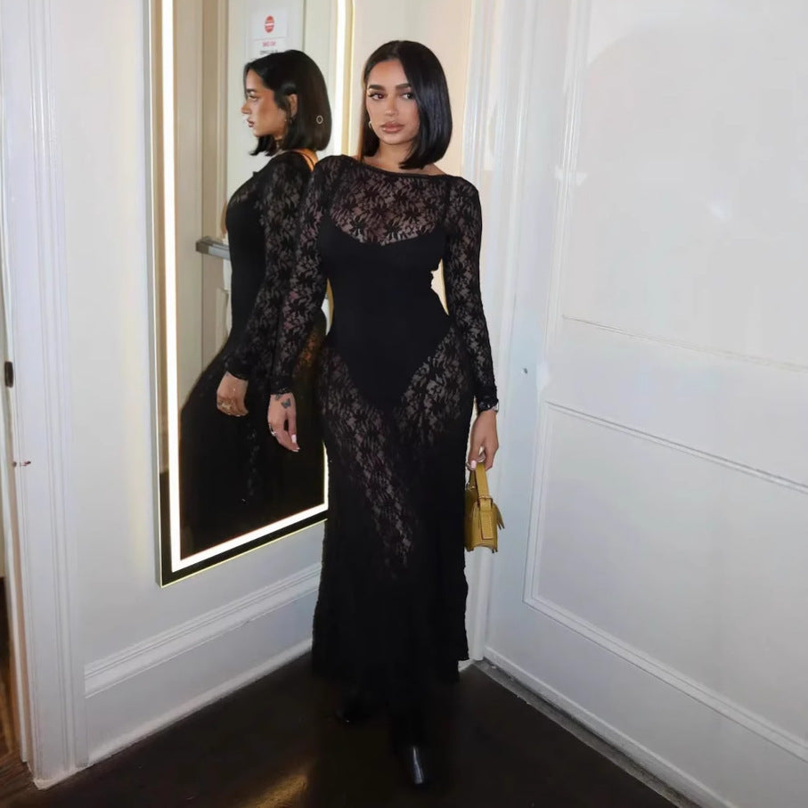 Damen nan figurbetontes Maxikleid aus floraler Spitze mit langer Ärmel und elegantem Rückenausschnitt Drune
