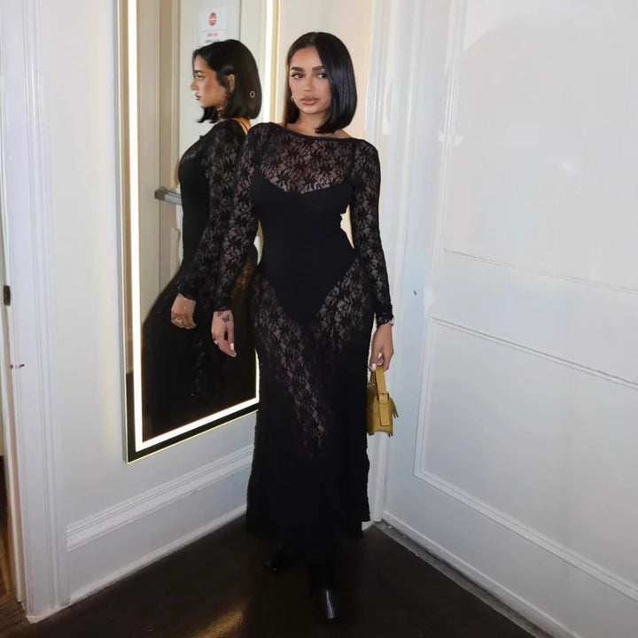 Damen nan figurbetontes Maxikleid aus floraler Spitze mit langer Ärmel und elegantem Rückenausschnitt Drune