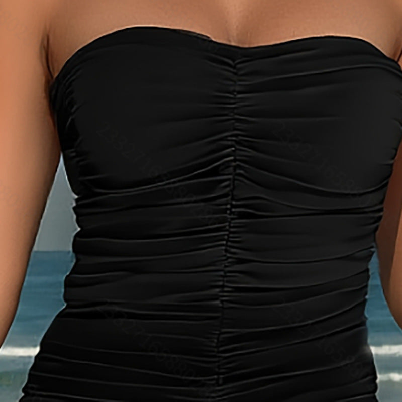 Damen Bandeau Badeanzug mit Raffung und Palmenmotiv Drune