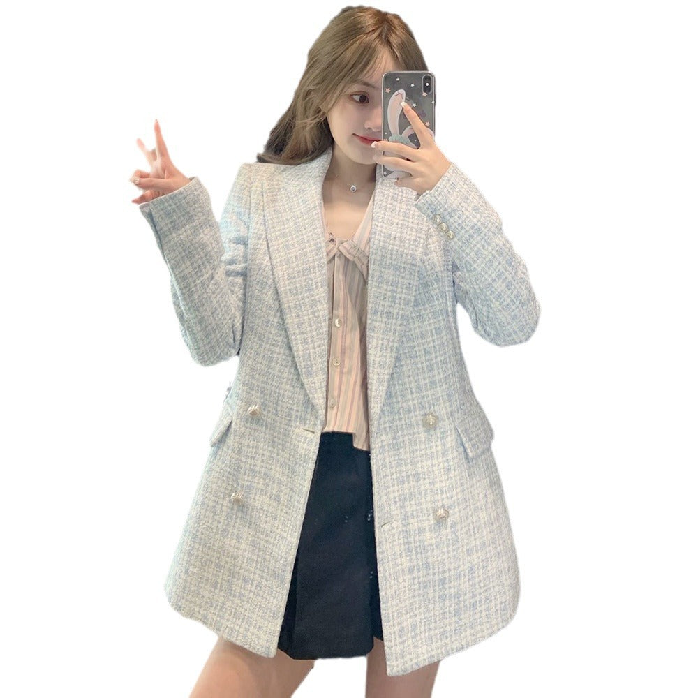 Damen Zweireihiger Bouclé-Blazer mit taillierter Silhouette und Pattentaschen Drune