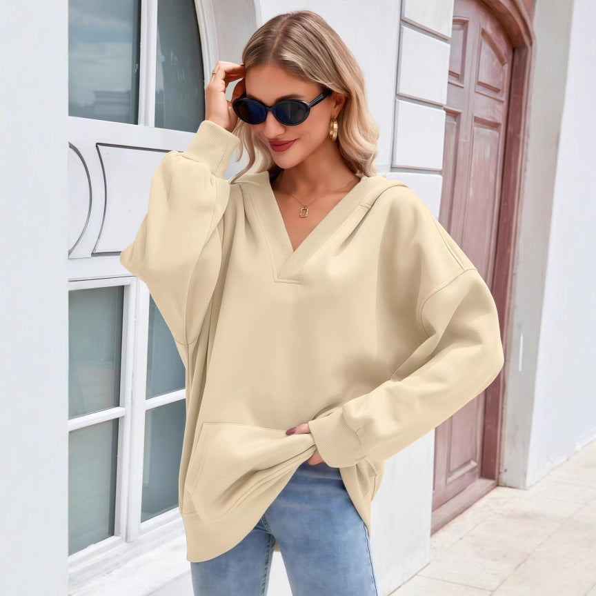 Damen Oversize V-Ausschnitt Hoodie mit Kapuze, Kängurutasche und verlängertem Saum Drune