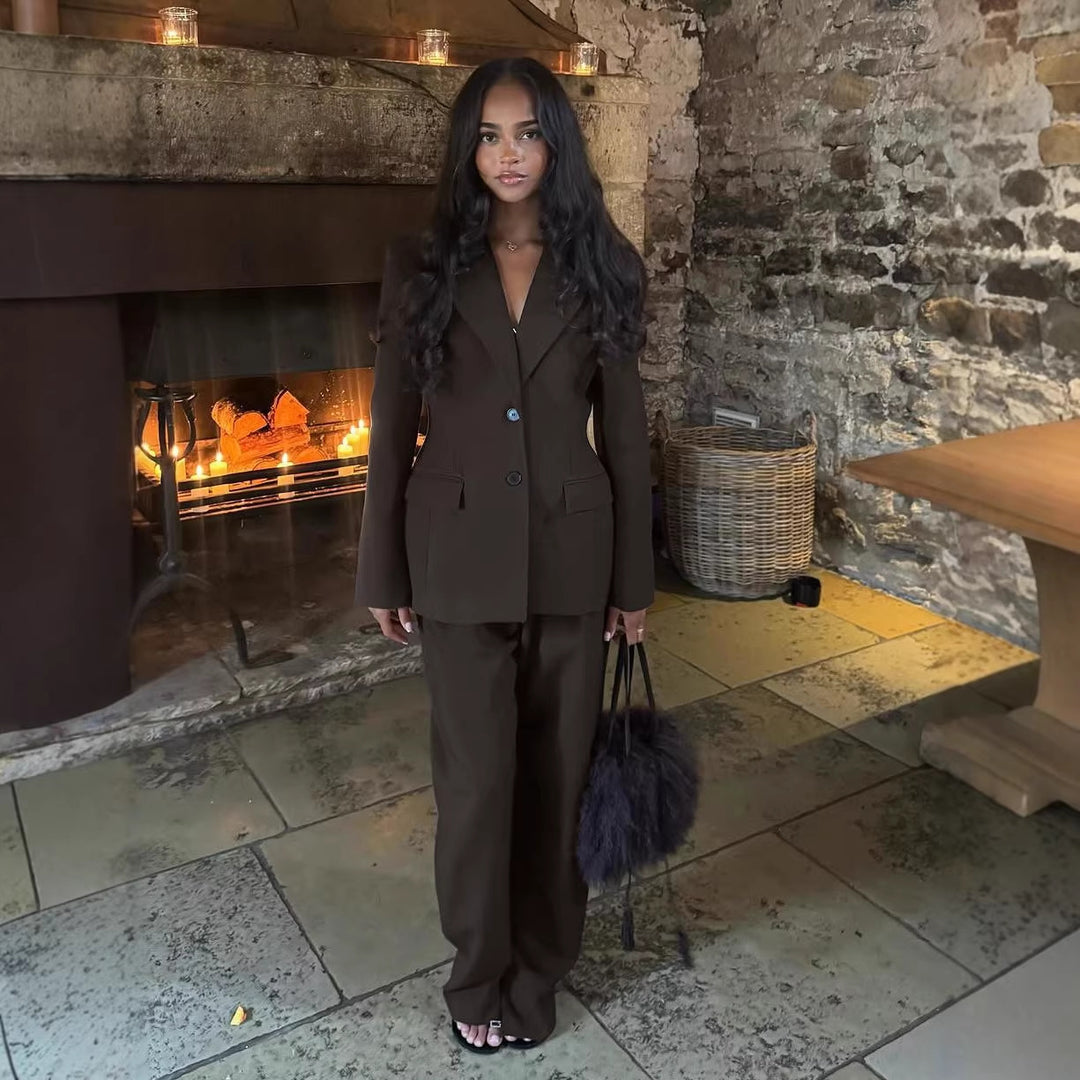 Damen Zweiteiliges maßgeschneidertes Blazer‑Hosen‑Set mit tailliertem Schnitt und weitem Palazzohosenbein Drune