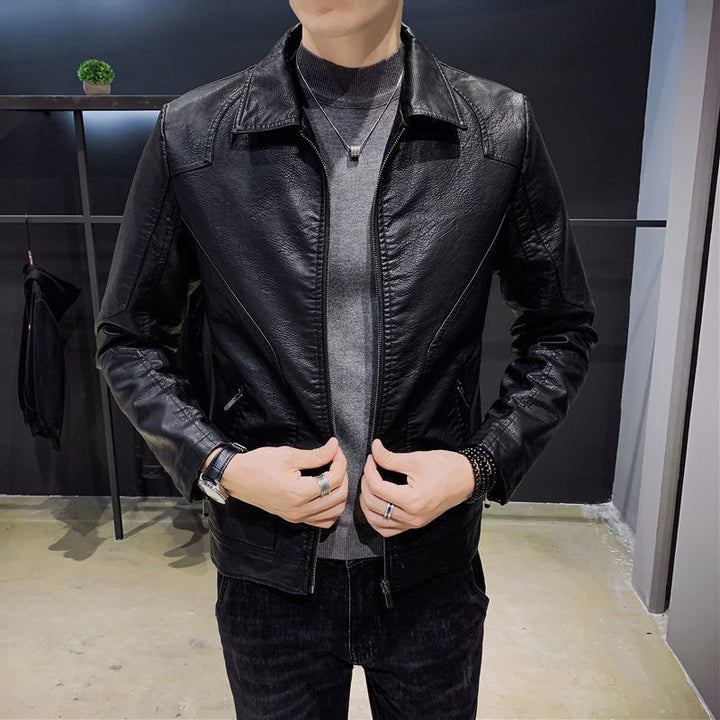 Herren Minimalistisches Lederoptik-Zip-Blouson mit ergonomischen Nahtlinien und Hemdkragen Drune