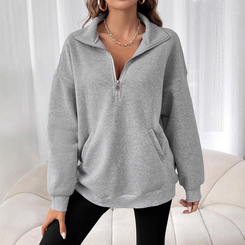 Damen Oversize Sweatshirt mit halbem Reißverschluss, Kängurutasche und Stehkragen Drune