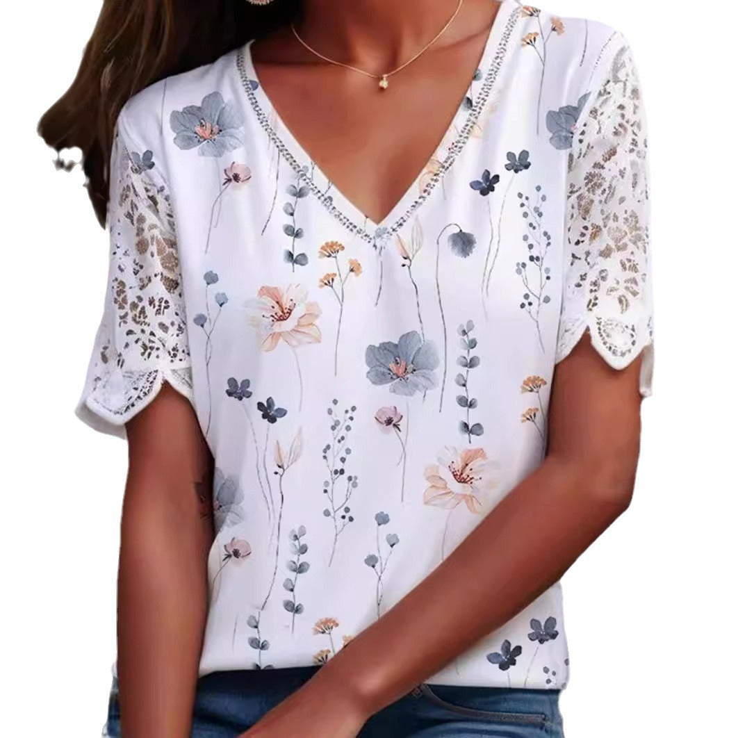 Damen nan V-Ausschnitt-Sommerbluse mit Aquarell-Blumenprint, Häkelspitzenärmeln und Ziersteinbordüre Drune
