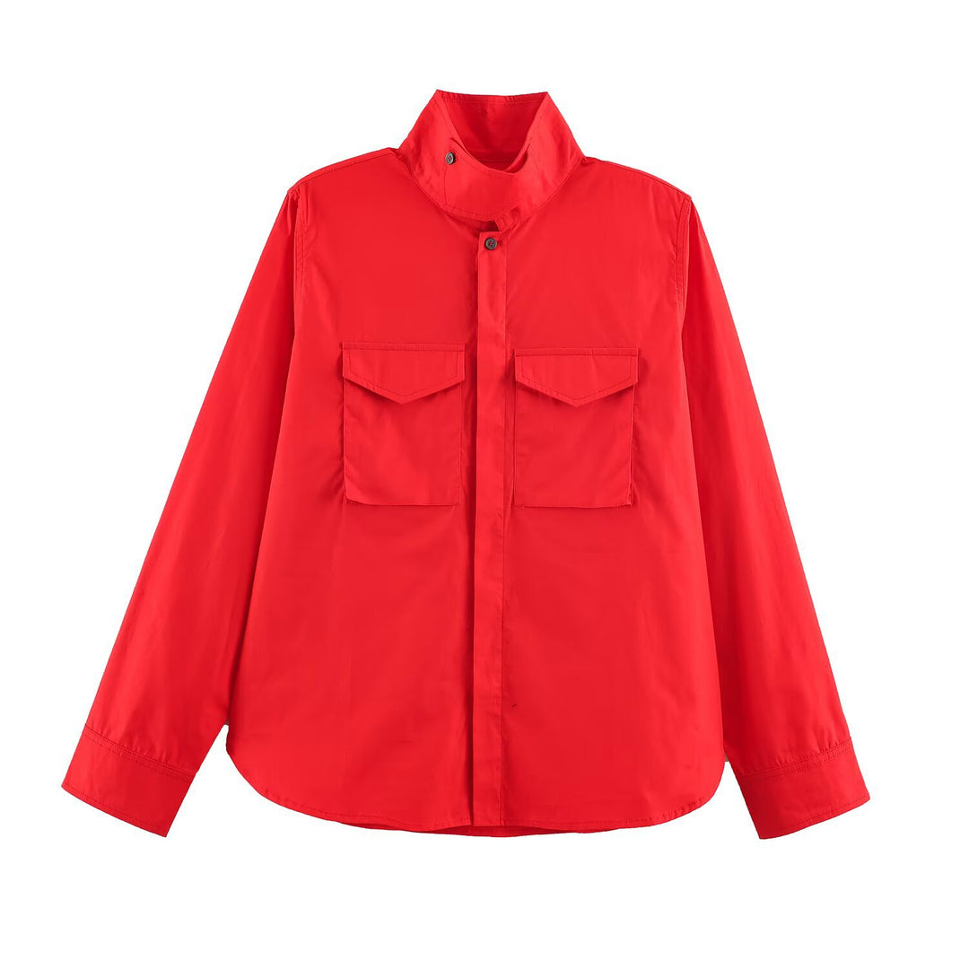 Damen Oversize Utility‑Hemdjacke mit hohem Stehkragen und aufgesetzten Brusttaschen Drune