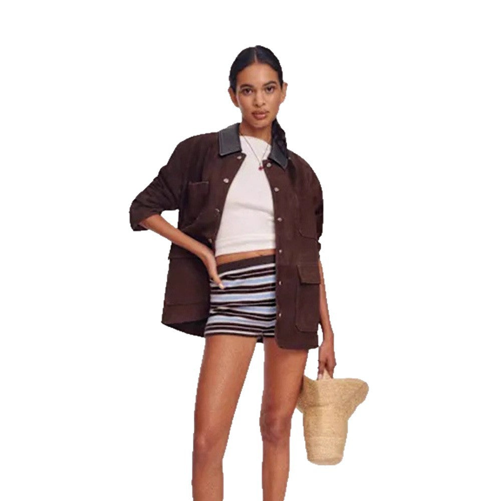 Damen Oversize-Utility-Jacke aus Veloursleder‑Optik mit Kontrastkragen & aufgesetzten Pattentaschen Drune
