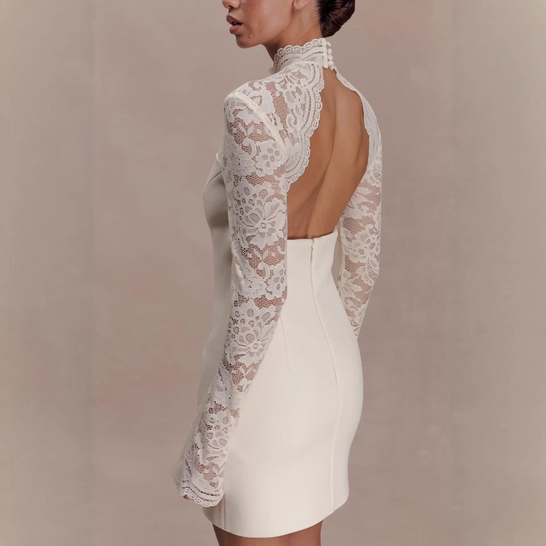Damen Elegantes Minikleid mit Spitzenoberteil und hochgeschlossenem Kragen Drune