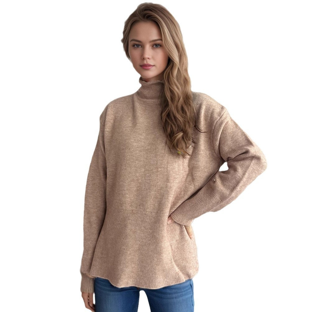 Damen lässiger Pullover mit hohem Kragen und praktischen Seitentaschen Drune
