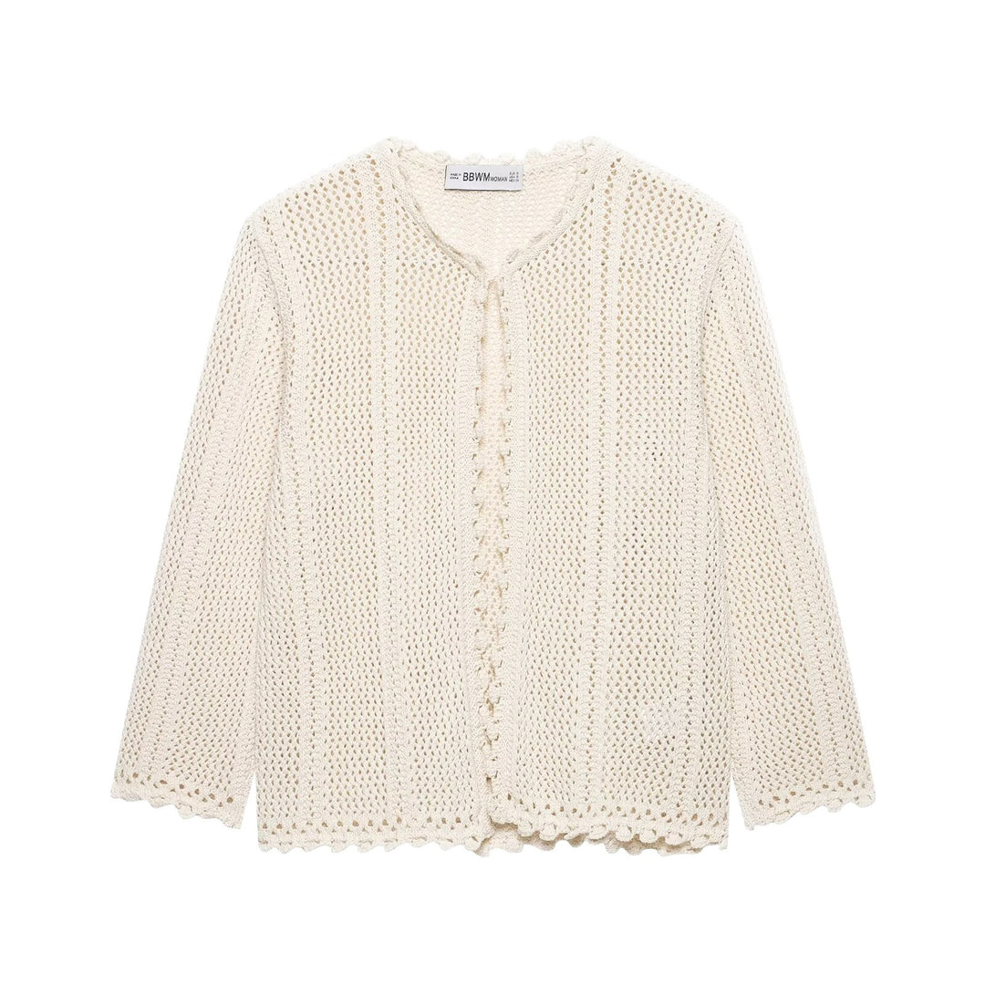 Damen Gehäkelte Kurzstrickjacke mit Scallop-Kante und Ajour‑Lochmuster Drune