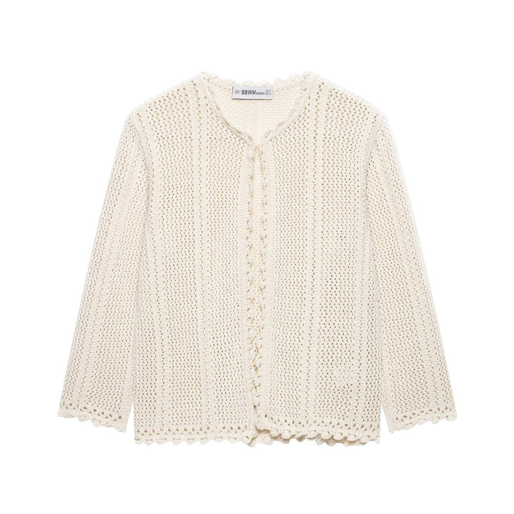 Damen Gehäkelte Kurzstrickjacke mit Scallop-Kante und Ajour‑Lochmuster Drune