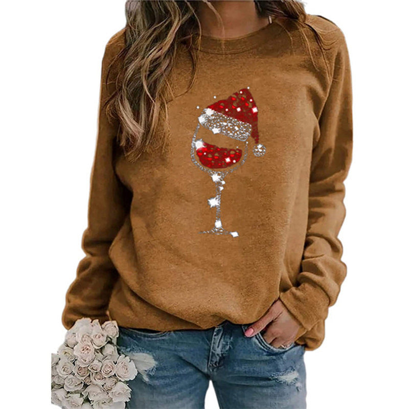 Damen Weihnachts Sweatshirt mit Pailletten Weinglas und Rundhalsausschnitt Drune
