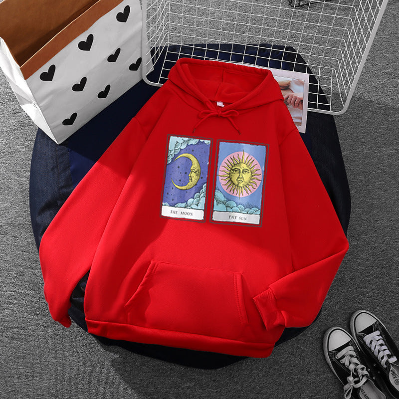 Damen nan leichter Oversize Kapuzenpullover mit Herz‑EKG‑Motiv, langen Kordeln und elastischem Bund Drune