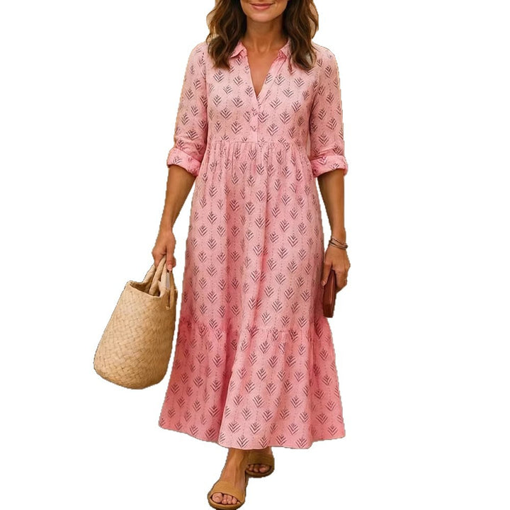 Damen Maxikleid mit elegantem Kragen und floralen Mustern Drune