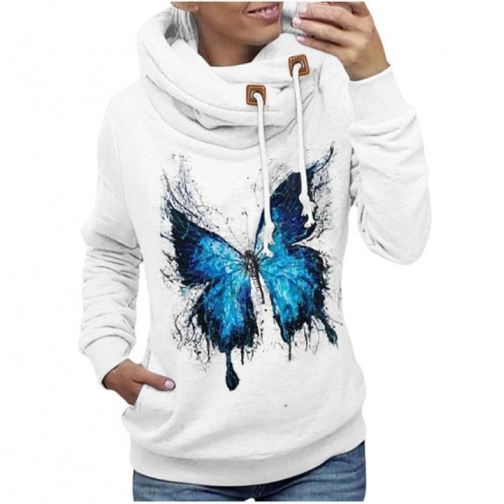 Damen Kapuzenpullover mit hohem Schlauchkragen, Kängurutasche und Schmetterlingsprint Drune
