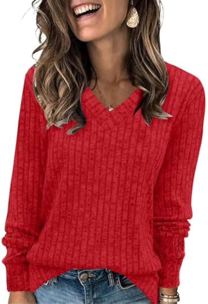 Damen gerippter V‑Ausschnitt Feinstrickpullover mit längerem Arm Drune