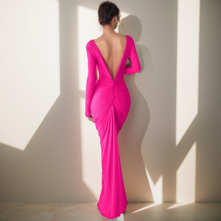 Damen Maxikleid mit tiefem V-Ausschnitt und voluminösen Raffungen Drune