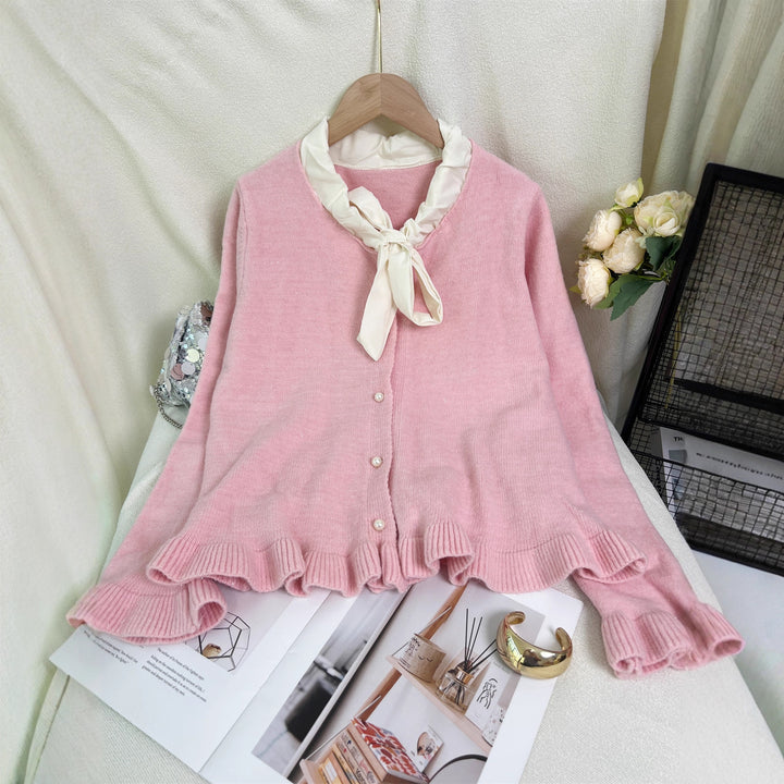 Damen elegante Strickjacke mit Rüschen und Schleifenkragen Drune
