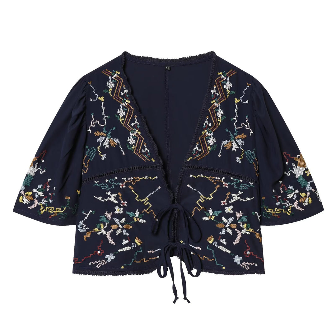 Damen Kurzblusenkimono mit kunstvollem Stickmuster und Taillenschnürung Drune
