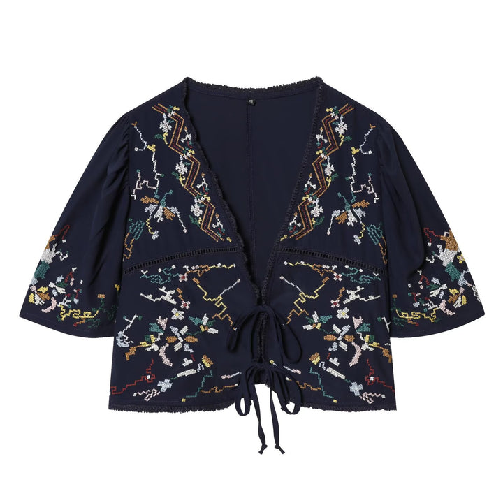 Damen Kurzblusenkimono mit kunstvollem Stickmuster und Taillenschnürung Drune