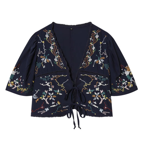 Damen Kurzblusenkimono mit kunstvollem Stickmuster und Taillenschnürung Drune