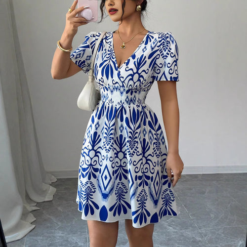 Damen Sommerliches Mini-Kleid mit elegantem V-Ausschnitt und floralen Mustern Drune