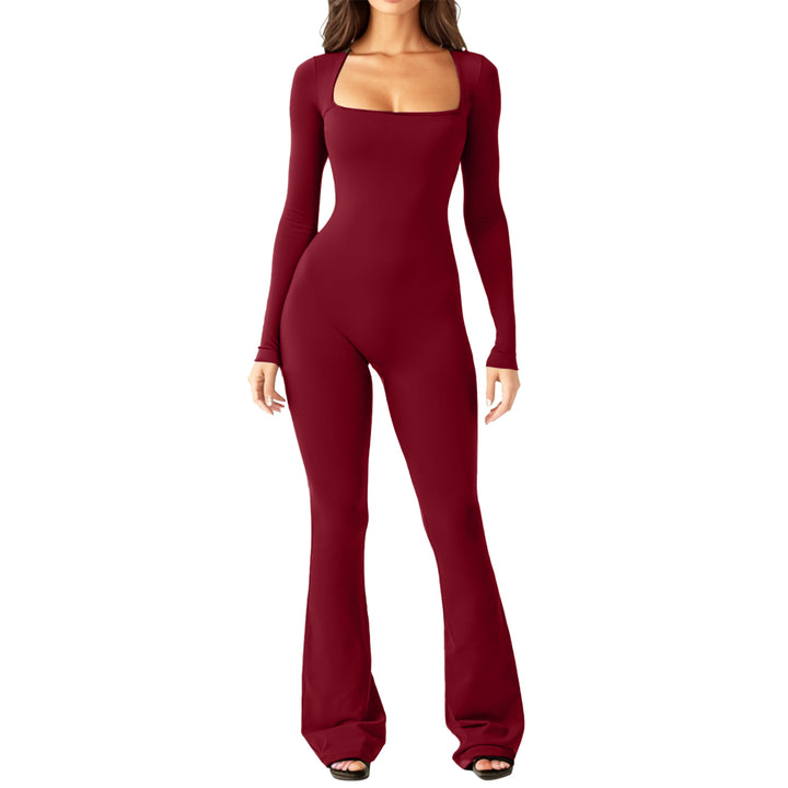 Damen figurbetontes Jumpsuit mit quadratischem Ausschnitt, langen Ärmeln und ausgestellt Bein Drune