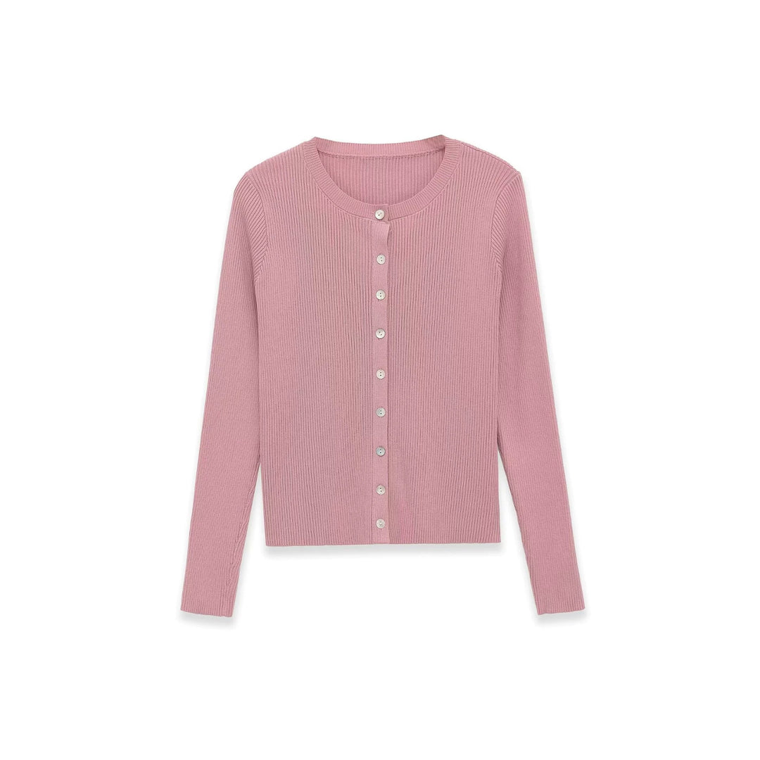 Damen Feinripp-Feinstrick-Cardigan mit durchgehender Knopfleiste und Rundhalsausschnitt Drune