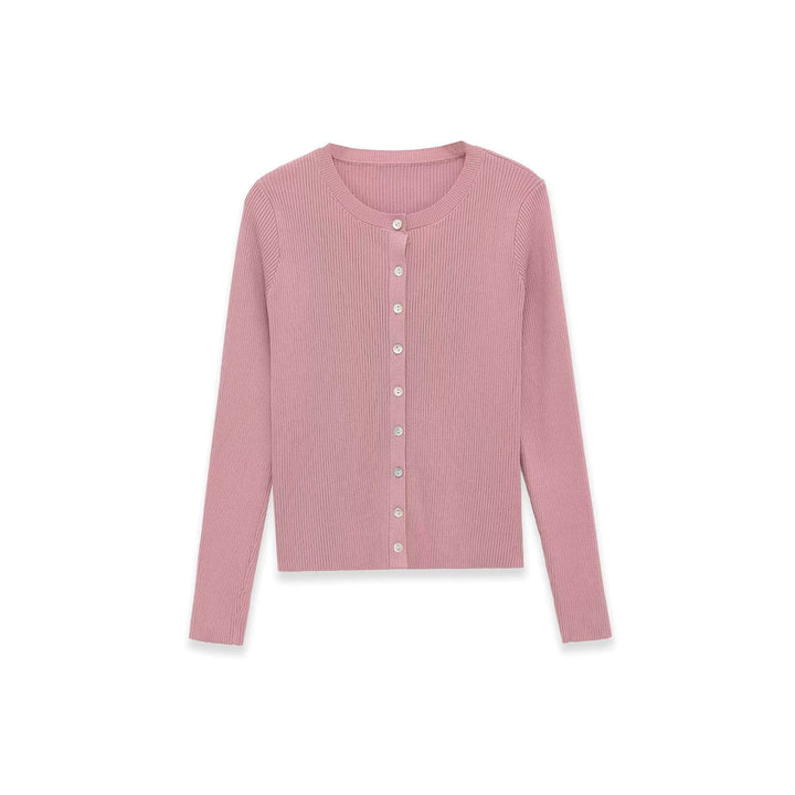 Damen Feinripp-Feinstrick-Cardigan mit durchgehender Knopfleiste und Rundhalsausschnitt Drune