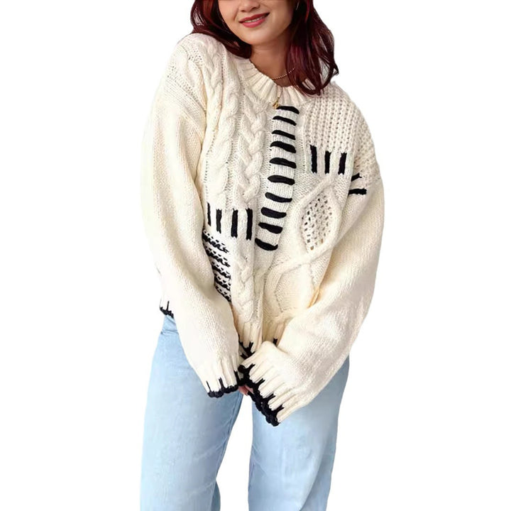 Damen Grobstrickpullover mit kreativem Patchwork-Design und lässigem Schnitt Drune