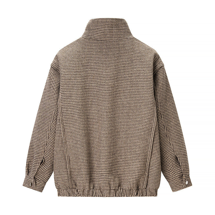 Damen Kurze Oversize-Übergangsjacke im Hahnentritt-Muster mit Stehkragen und elastischem Saum Drune