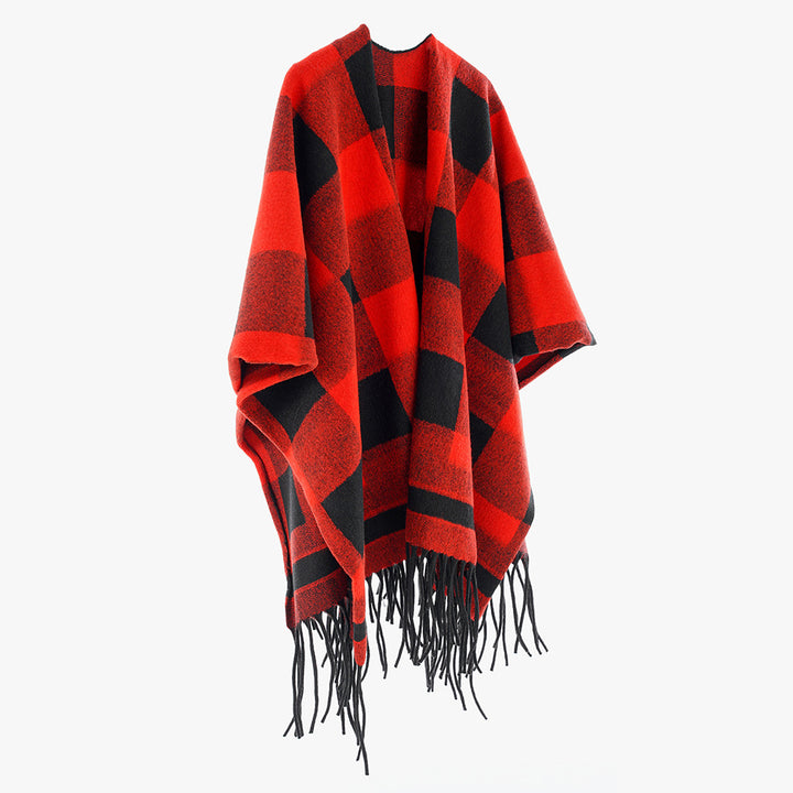 Damen Capeponcho im Plaid-Wickelstil aus Wollmix mit Fransensaum Drune