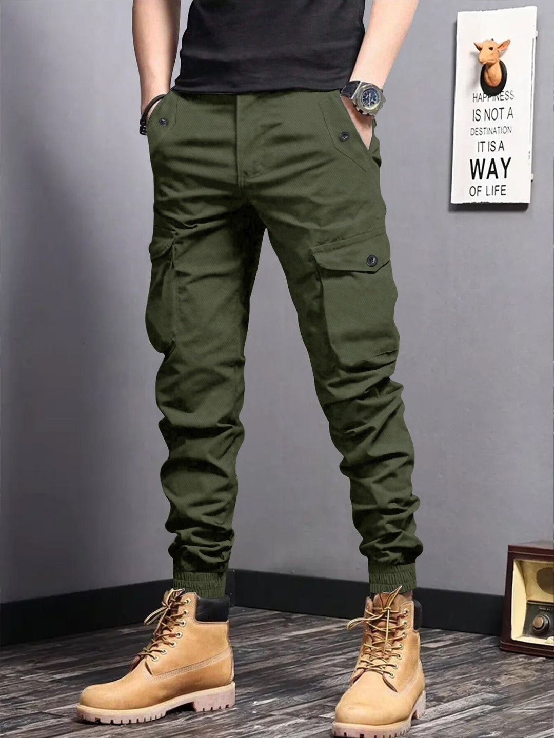 Herren Cargo-Joggerhose mit elastischem Bund, Tunnelzug und Multifunktionstaschen Drune