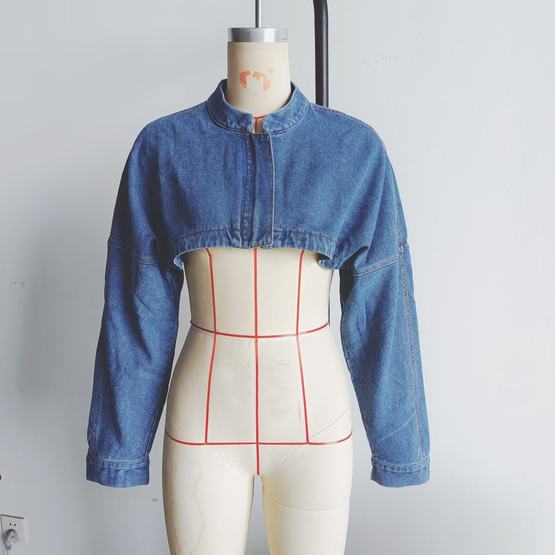 Damen nan cropped Jeansbolerojacke mit Stehkragen, oversize-Ärmeln und verdeckter Frontleiste Drune