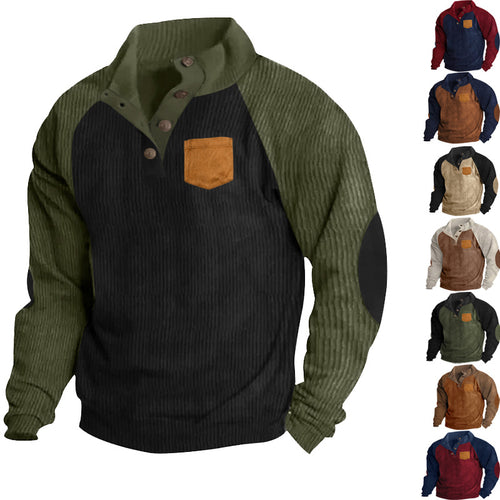 Herren nan geripptes Waffel-Henley-Langarmshirt mit Stehkragen Druckknopfleiste Kontrastärmeln und Brusttasche Drune