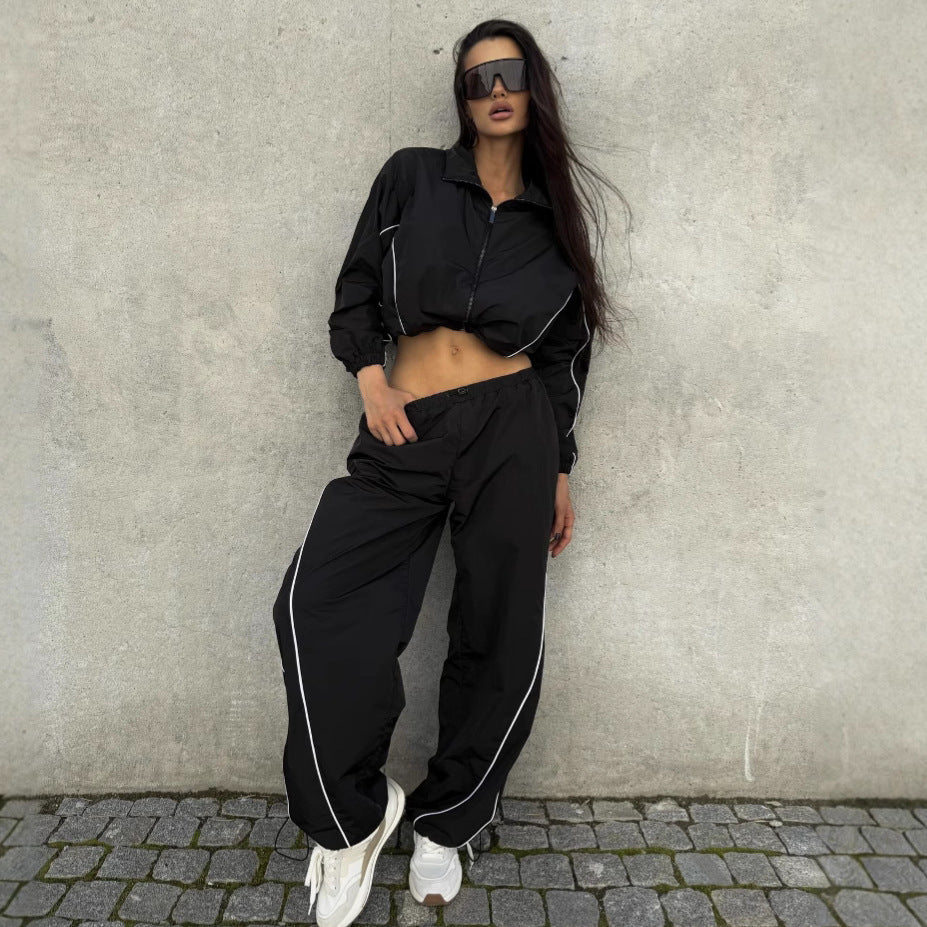 Damen Kurz geschnittene Windbreaker Jacke mit halbem Reißverschluss, Tunnelzug und elastischen Bündchen Drune