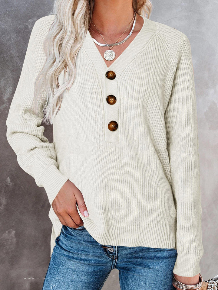 Damen Gerippter Strickpullover mit V‑Ausschnitt, Zierknopfleiste und Ballonärmeln Drune