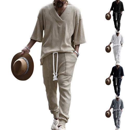 Herren nan lässiges Strickset mit V-Ausschnitt und Kordelzug-Joggerhose Drune