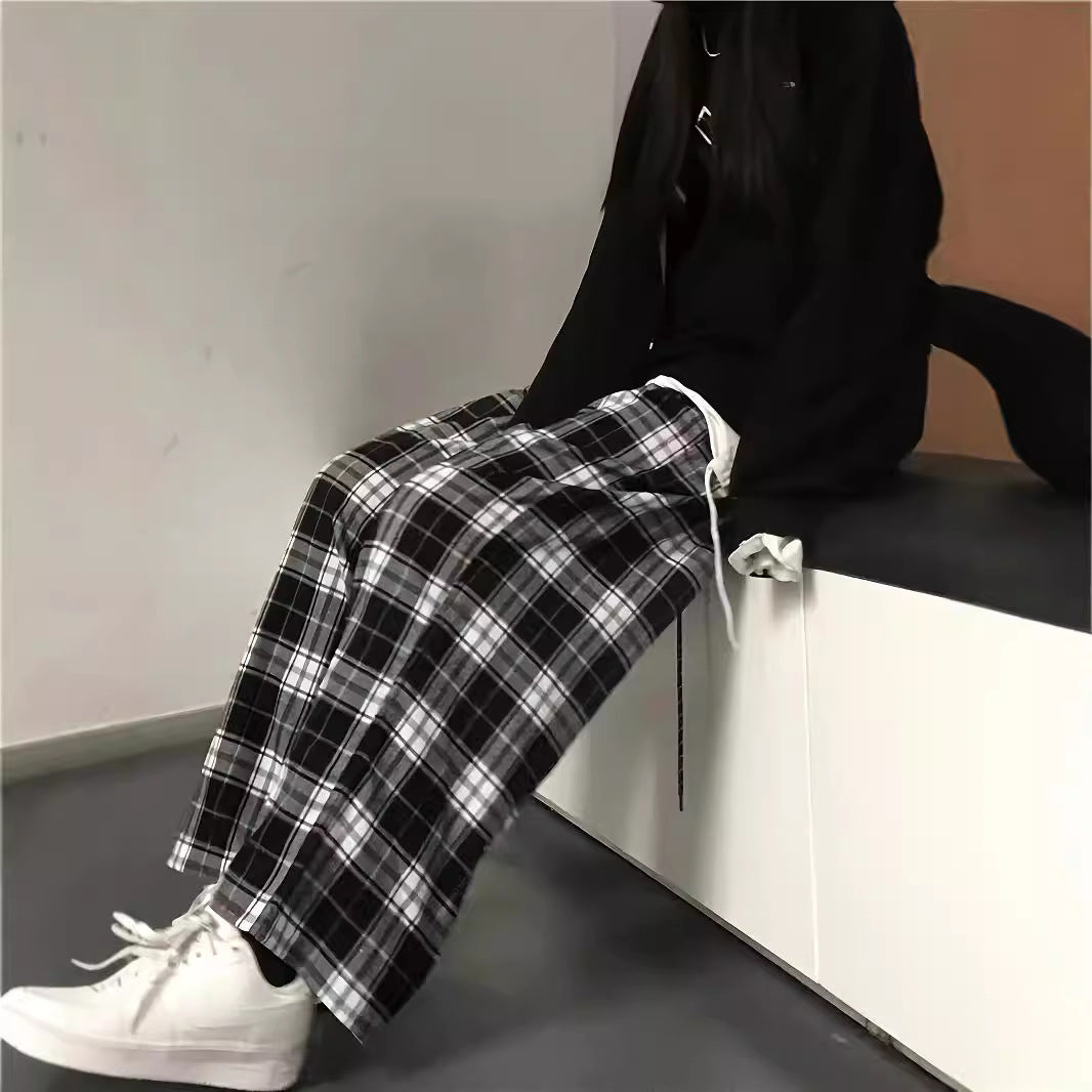 Damen weite Karohose mit elastischem Bund und Bindegürtel Drune