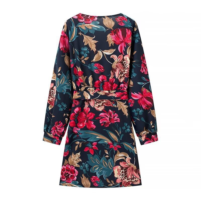 Damen Wickel‑Minikleid mit floralem Alloverprint, V‑Ausschnitt und Taillenband Drune